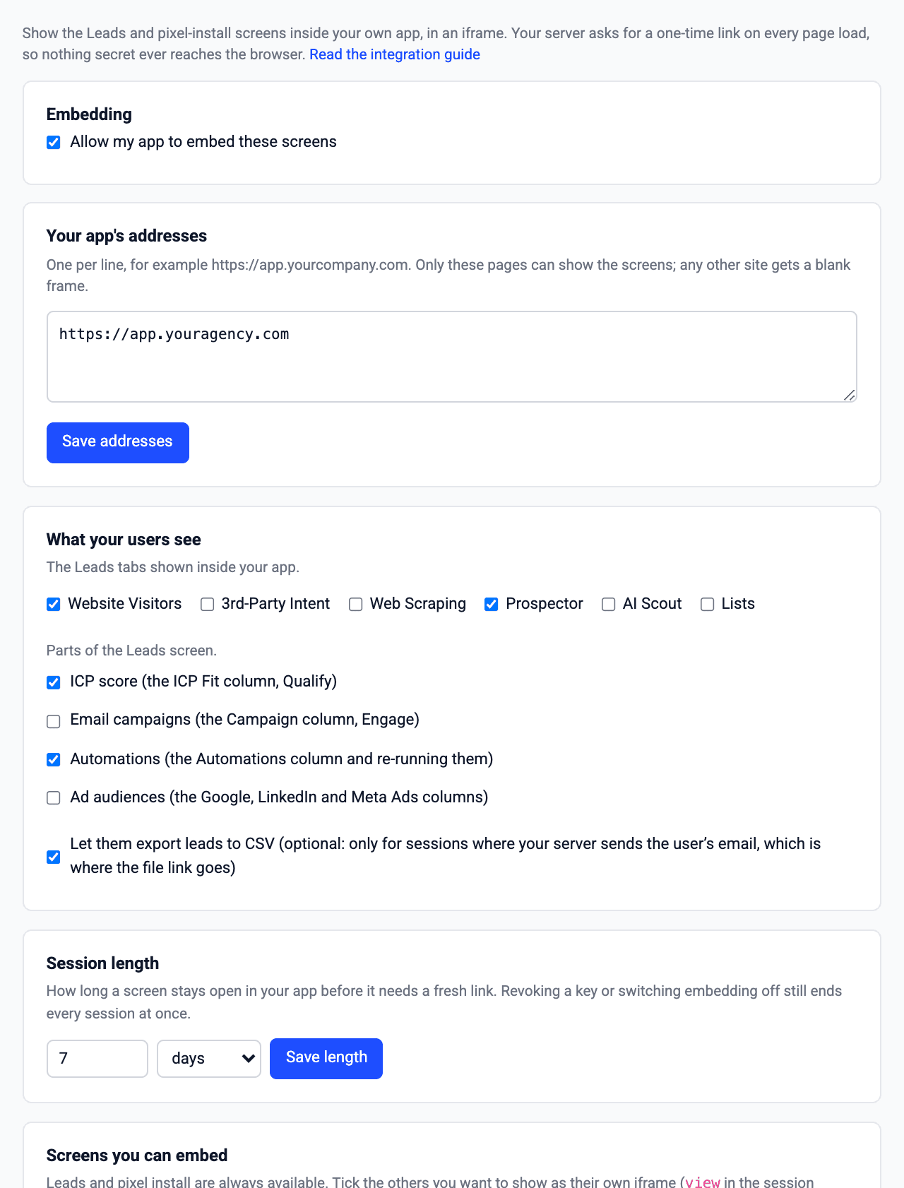 Embed in your app settings: embedding switch, app addresses, what your users see, screens, server keys