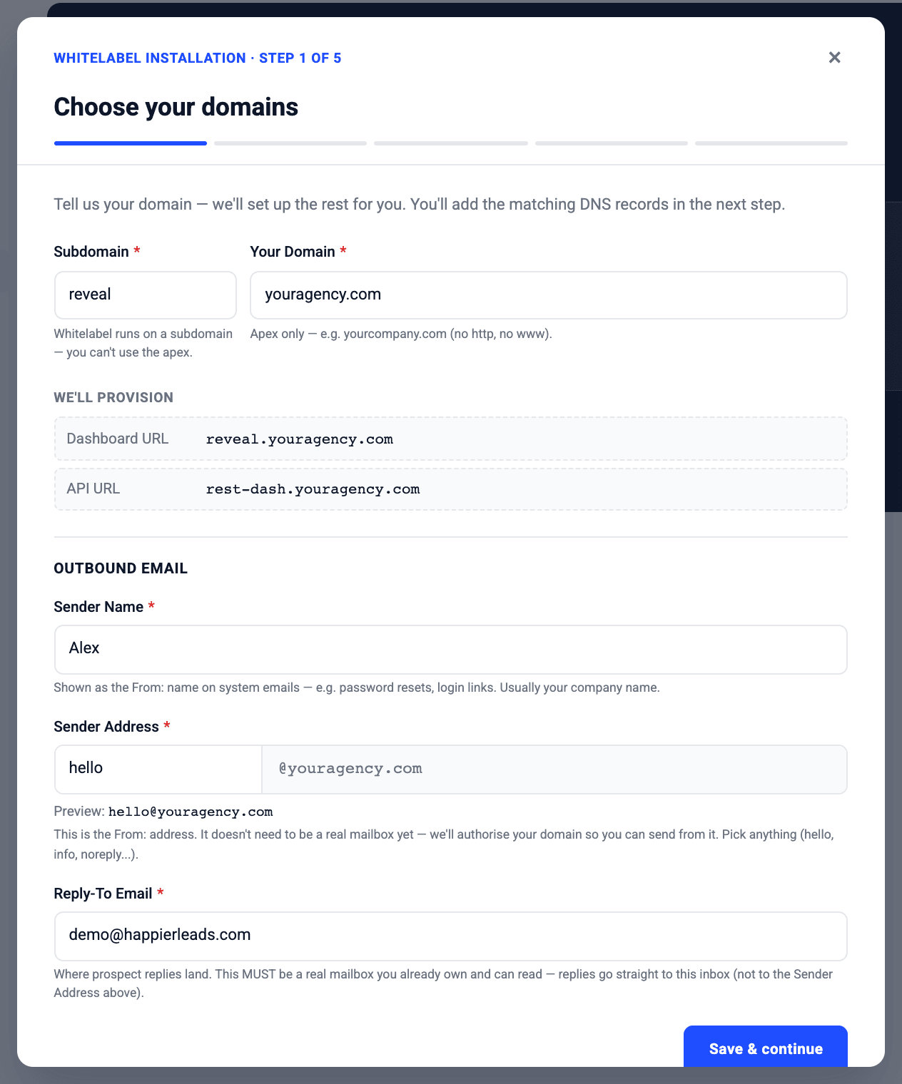 White label wizard: the two addresses on your domain