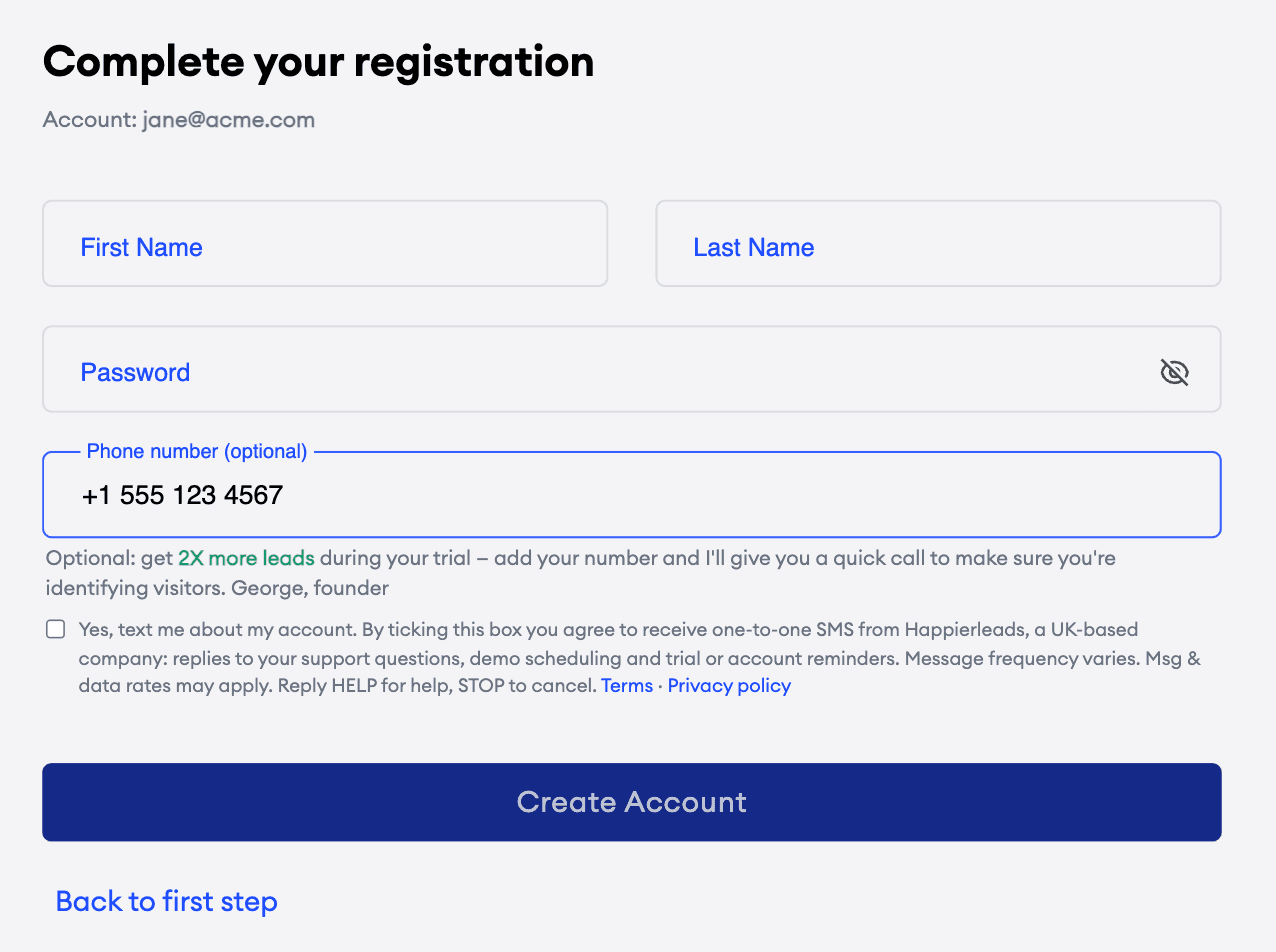 Happierleads signup form, step 2: optional phone number field and an unticked SMS consent checkbox with message frequency, rates, HELP/STOP and links to Terms and Privacy policy