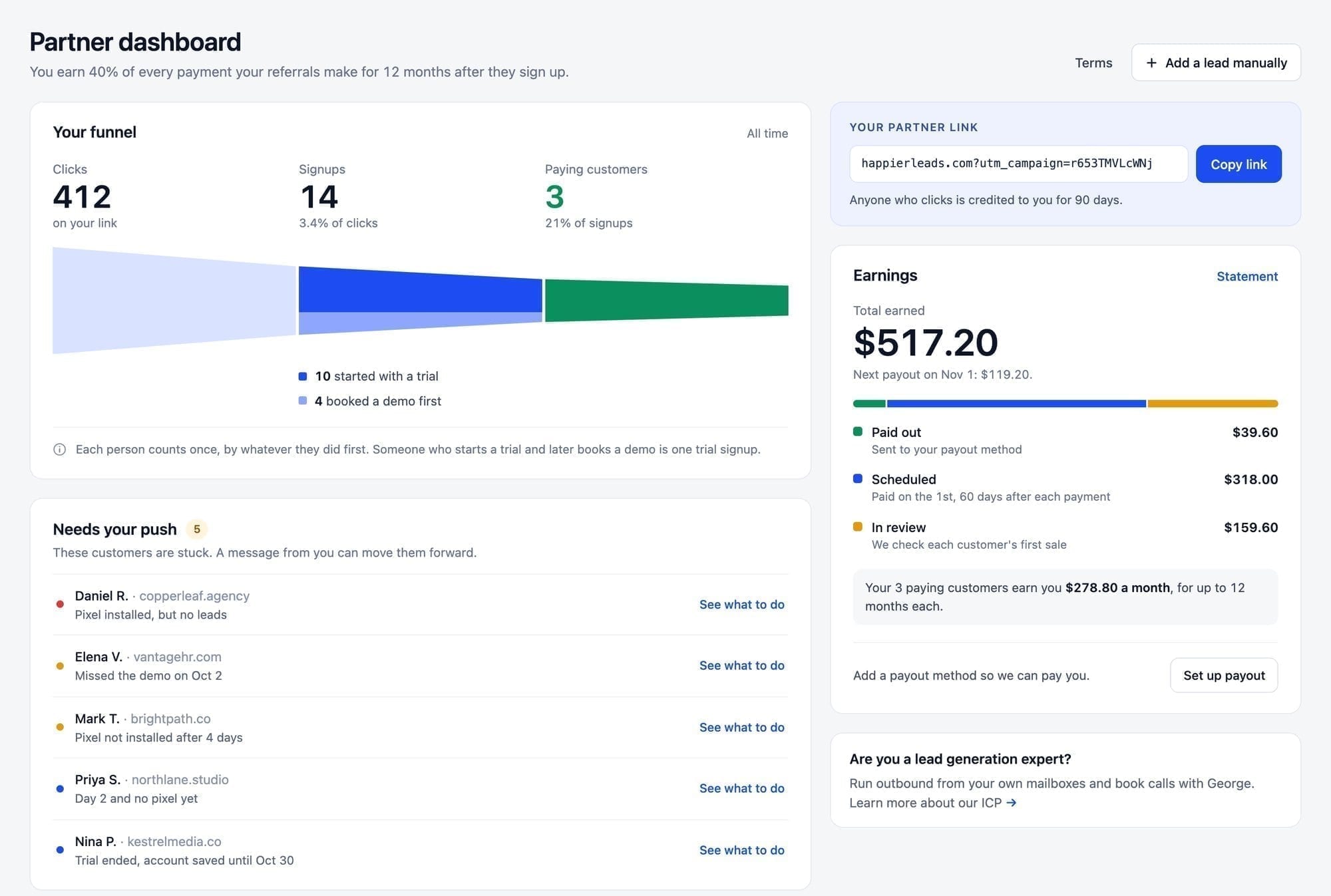 Partner dashboard with clicks, signups, paying customers and earnings